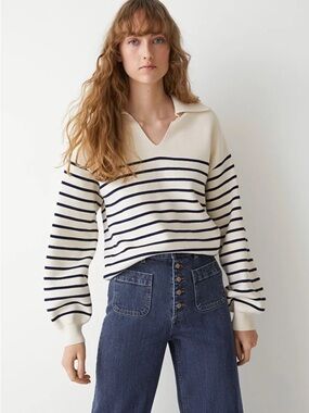 & Other Stories Cream Collared Pullover Striped Cotton Blend Sweater Medium EUC